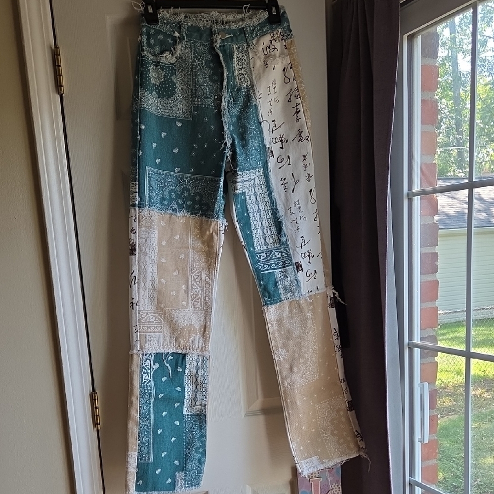 SHEIN Patchwork Flare Jeans - Teal and Beige